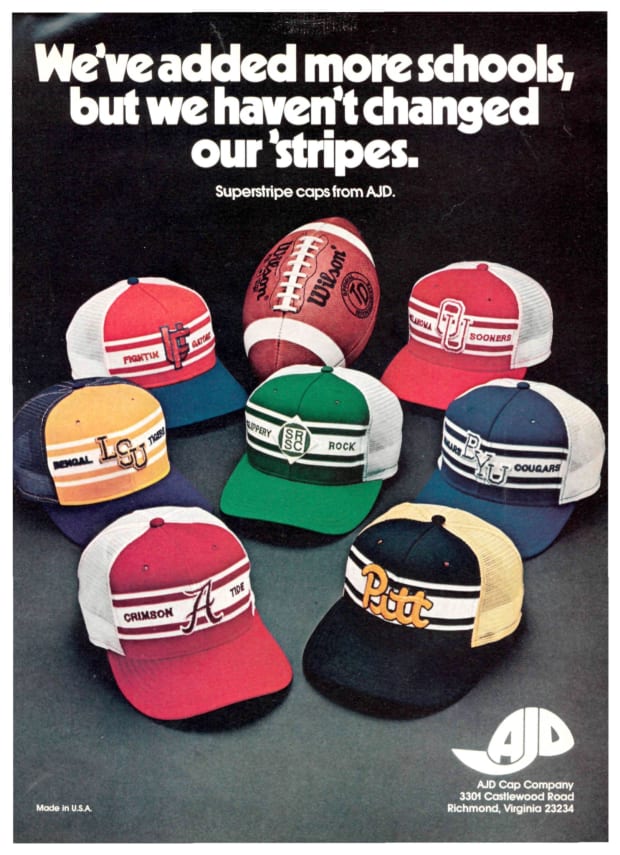 1977 AJD Superstripe NFL Football Teams Hats Caps vintage print Ad