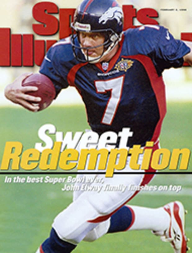 In this Jan. 25, 1997 file photo, Denver Broncos quarterback John Elway  holds the Super Bowl trophy as he celebrates the Broncos 34-21 victory over  the Green Bay Packers in Super Bowl