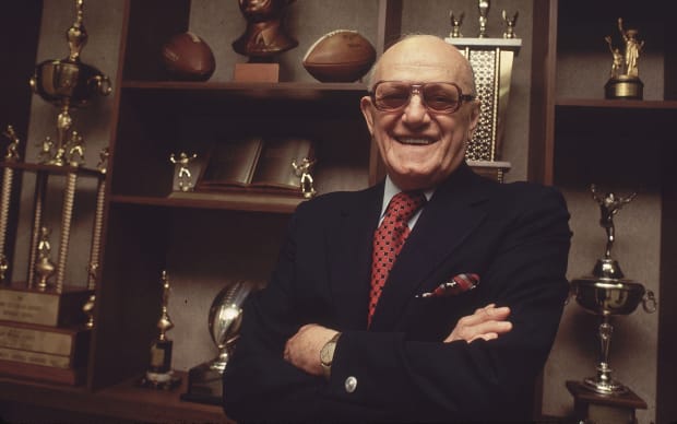 George Halas, 73, fidgets in the Chicago Bears office in Chicago