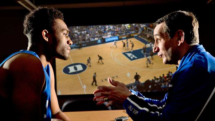 Coach K instructs Jabari Parker at Duke