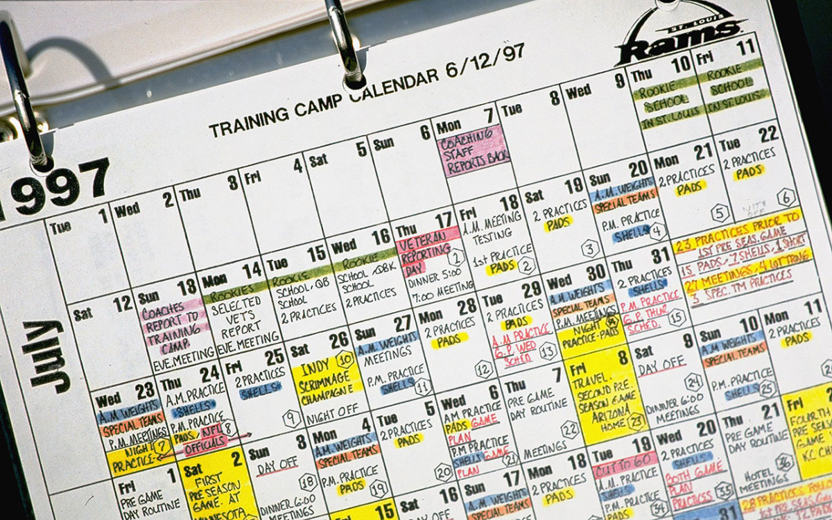 A closeup look at Dick Vermeil's training camp calendar.
